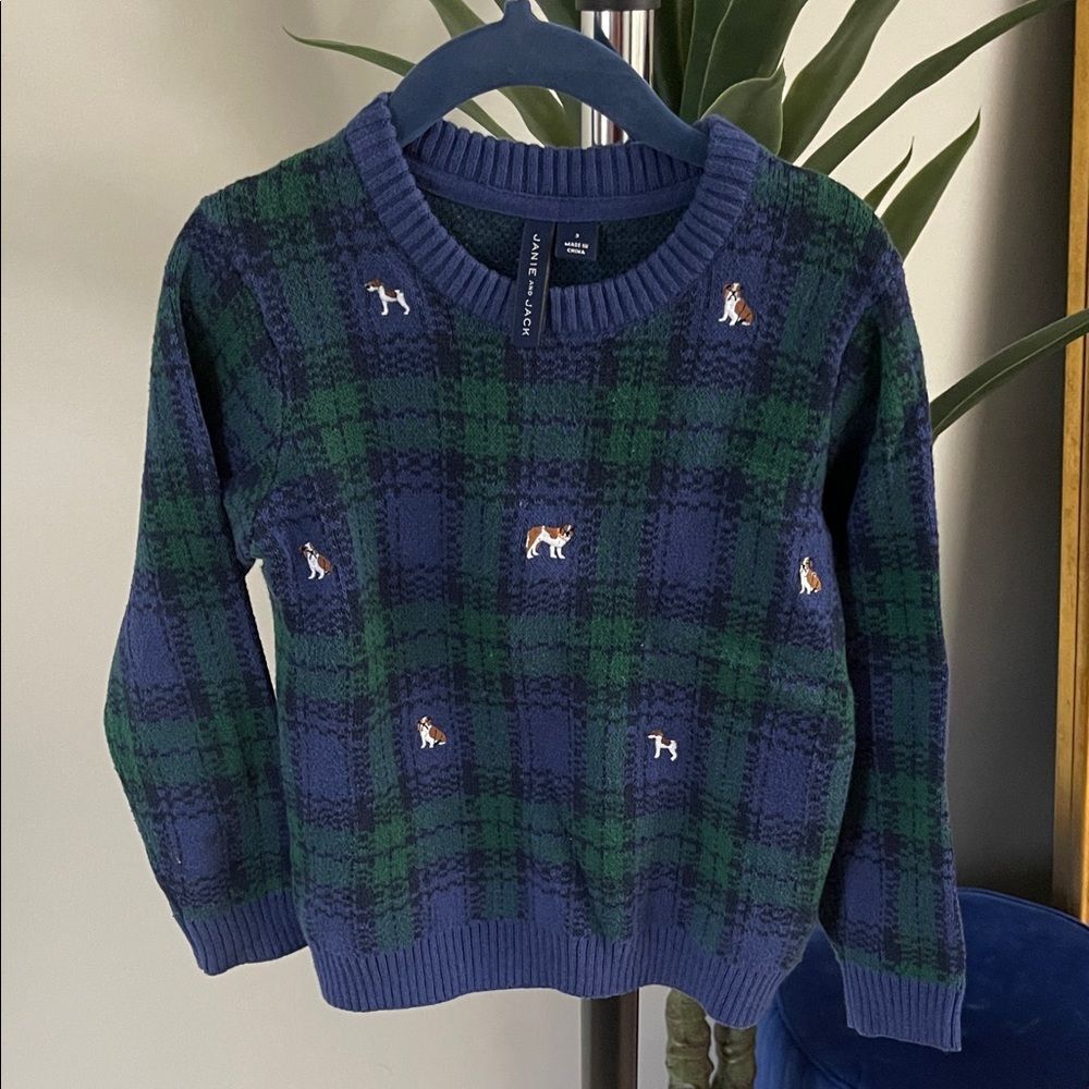 Janie and Jack Blue and Green Plaid Sweater with Dog Motif
